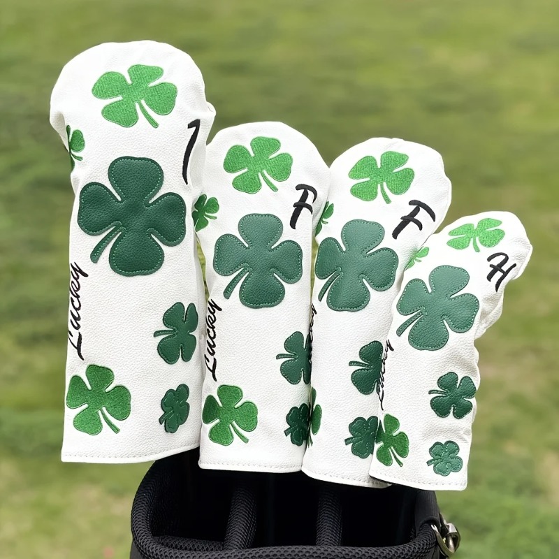 Golf Equipment Rack - スタイリッシュなクローバーゴルフクラブヘッドカバー - 耐久性のある白地に緑の四つ葉のクローバーデザイン、保護用クラブプロテクター